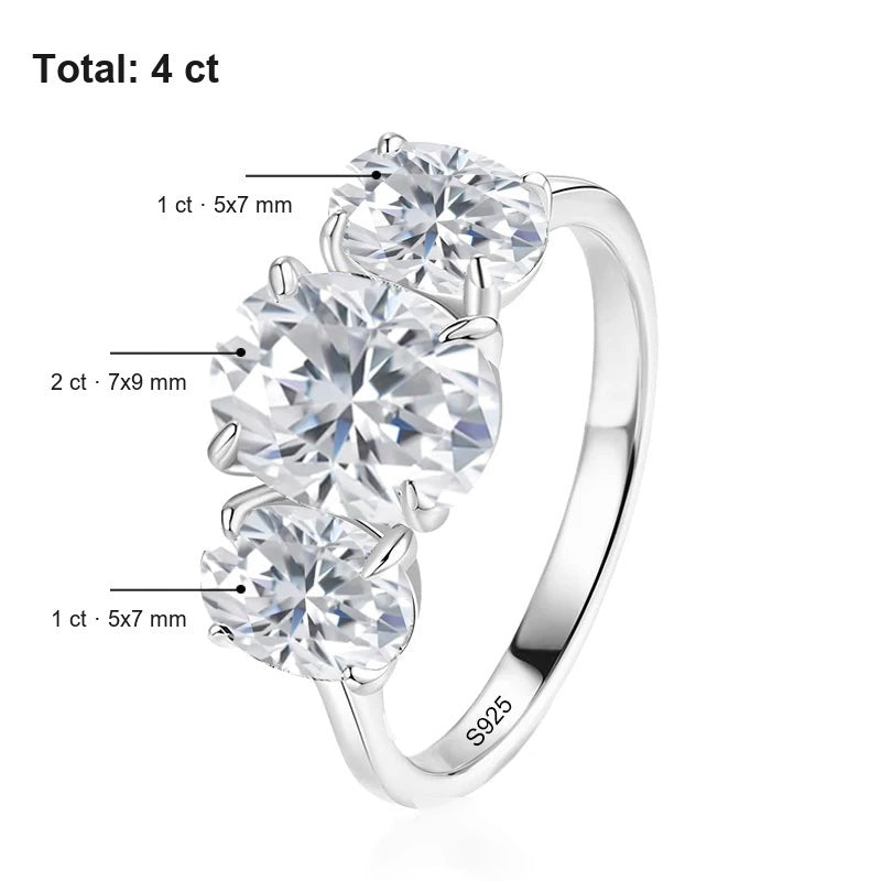 Medidas do anel três pedras ovais: centro de 2 ct (7x9 mm) e laterais de 1 ct (5x7 mm), total 4 ct