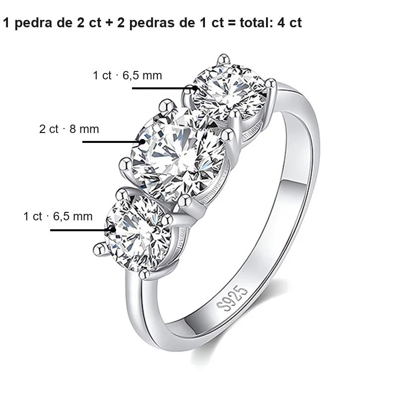 Medidas do anel três pedras de 4 ct: centro de 2 ct (8 mm) e laterais de 1 ct (6,5 mm)