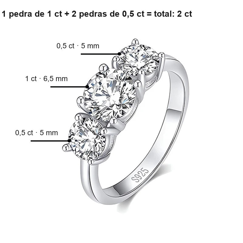 Medidas do anel três pedras de 2 ct: centro de 1 ct (6,5 mm) e laterais de 0,5 ct (5 mm)