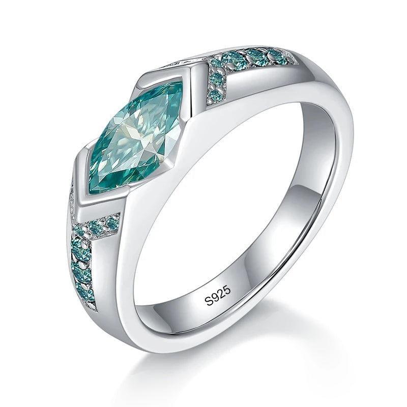 Anel unissex com moissanite marquise verde sobre fundo branco