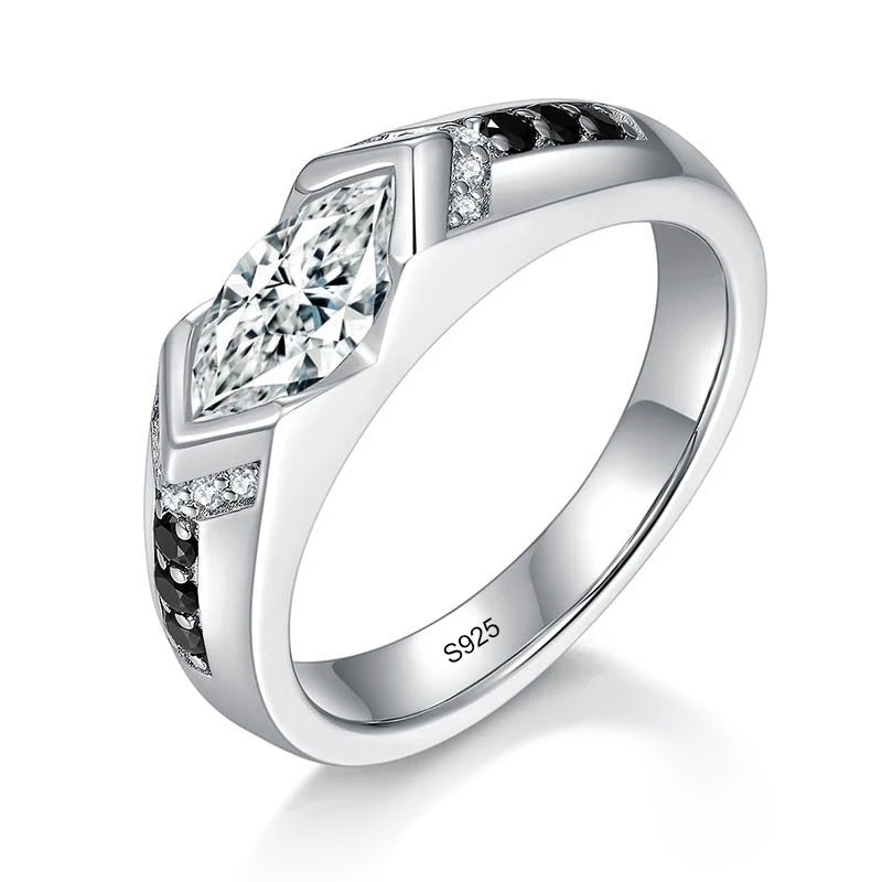 Anel unissex com moissanite marquise branca e laterais pretas