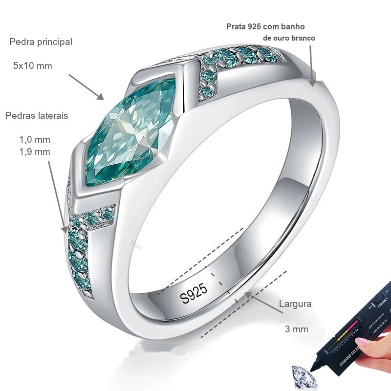 Medidas do anel unissex: moissanite marquise de 5x10 mm, pedras laterais de 1,0 e 1,9 mm, largura de 3 mm