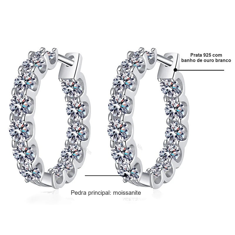 Detalhes da argola cravejada dupla face: moissanites e prata 925 com banho de ouro branco