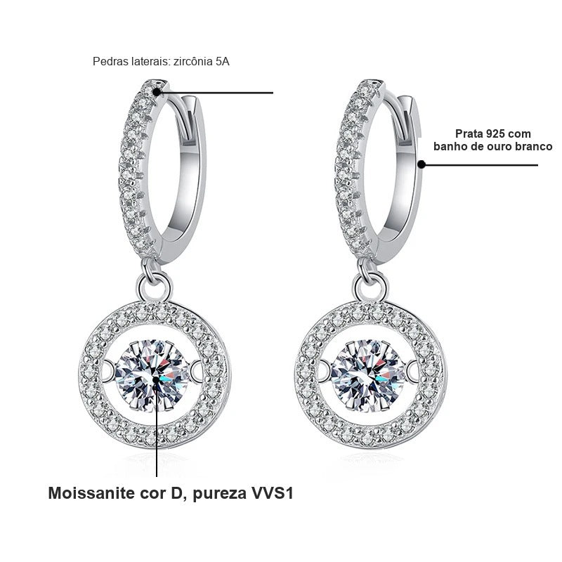 Detalhes da argola com moissanite dançante: moissanite cor D VVS1, zircônias 5A e prata 925