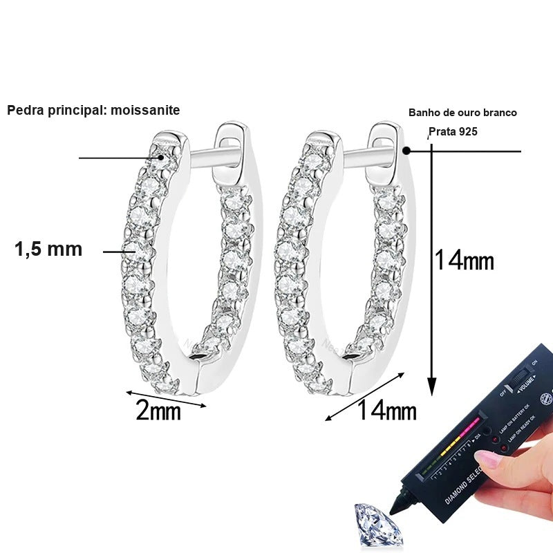 Medidas da argolinha de 14 mm com fileira de moissanites de 1,5 mm, largura de 2 mm, prata 925 com banho de ouro branco