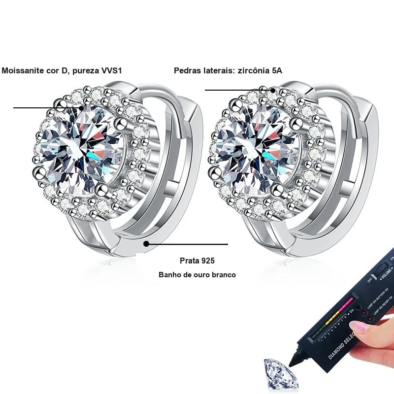 Detalhes da argolinha chuveiro: moissanite cor D, pureza VVS1, zircônias laterais 5A, prata 925 com banho de ouro branco