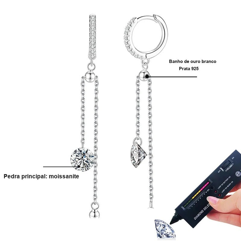 Detalhes do brinco argolinha com corrente: moissanite como pedra principal, prata 925 com banho de ouro branco