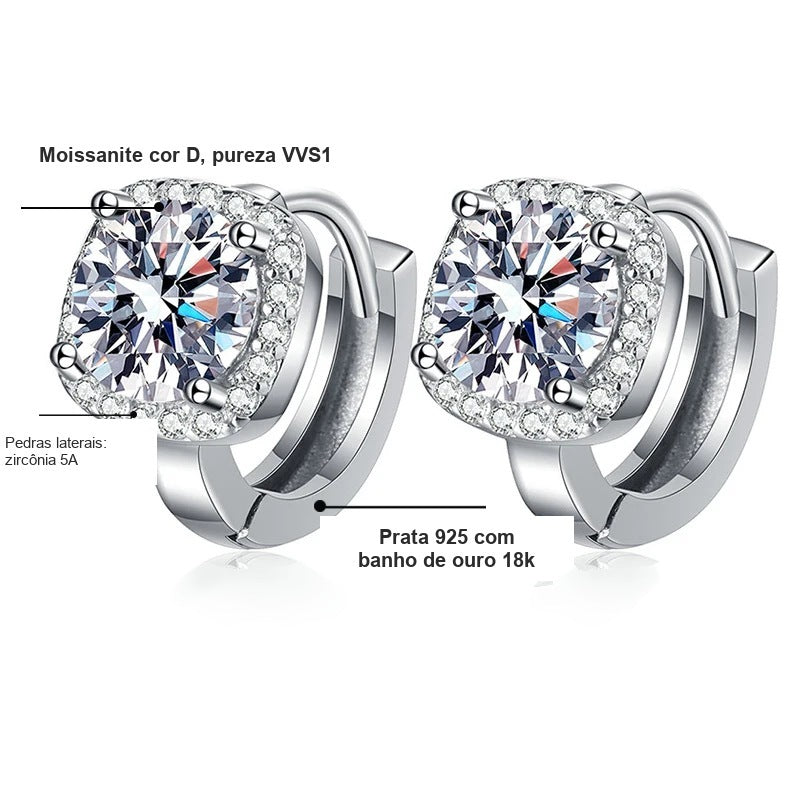 Detalhes da argolinha halo quadrado: moissanite cor D VVS1, zircônias 5A e prata 925 com banho de ouro 18k
