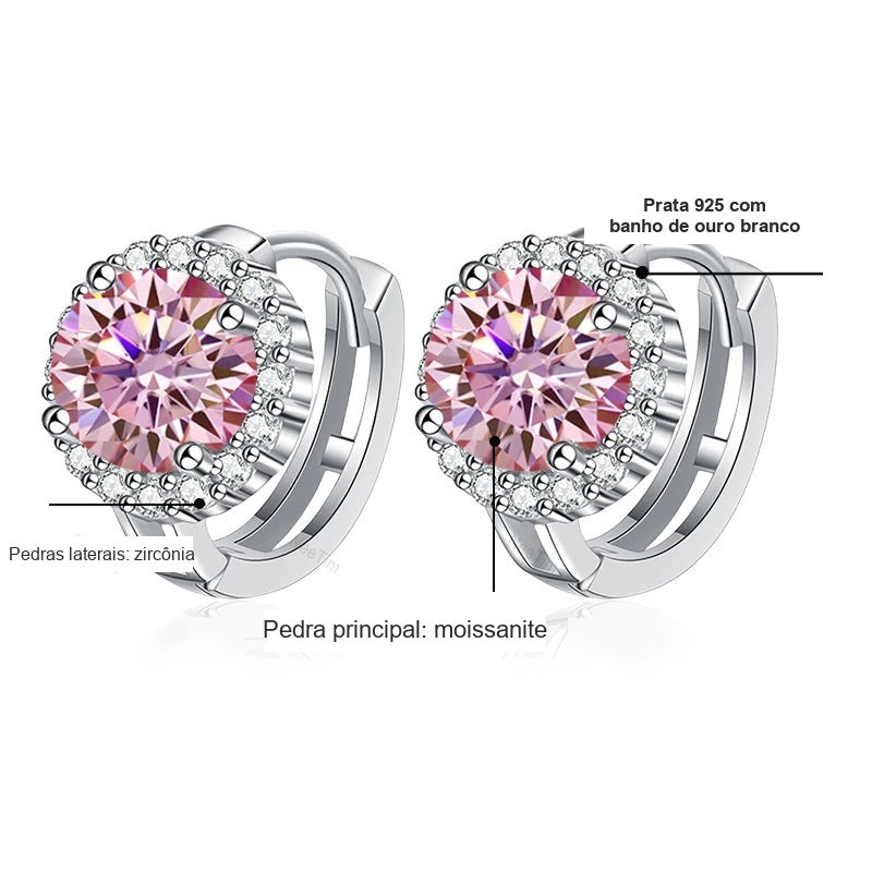 Detalhes da argolinha halo redondo: moissanite colorida, zircônias e prata 925 com banho de ouro branco