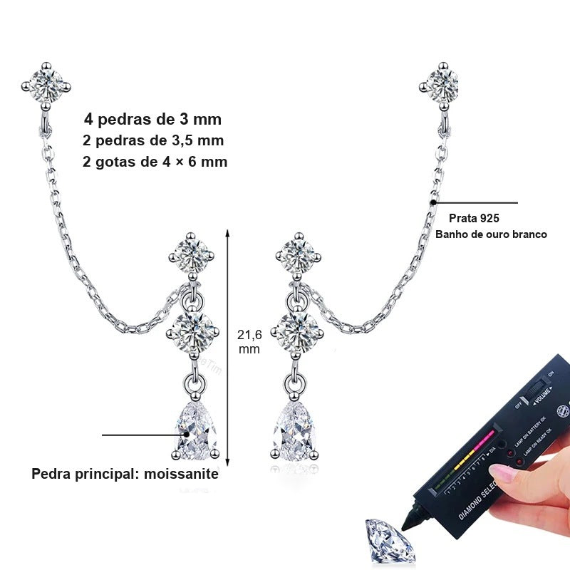 Medidas do brinco duplo com corrente: moissanites de 3 mm, 3,5 mm e gotas de 4 x 6 mm, 21,6 mm de altura, prata 925