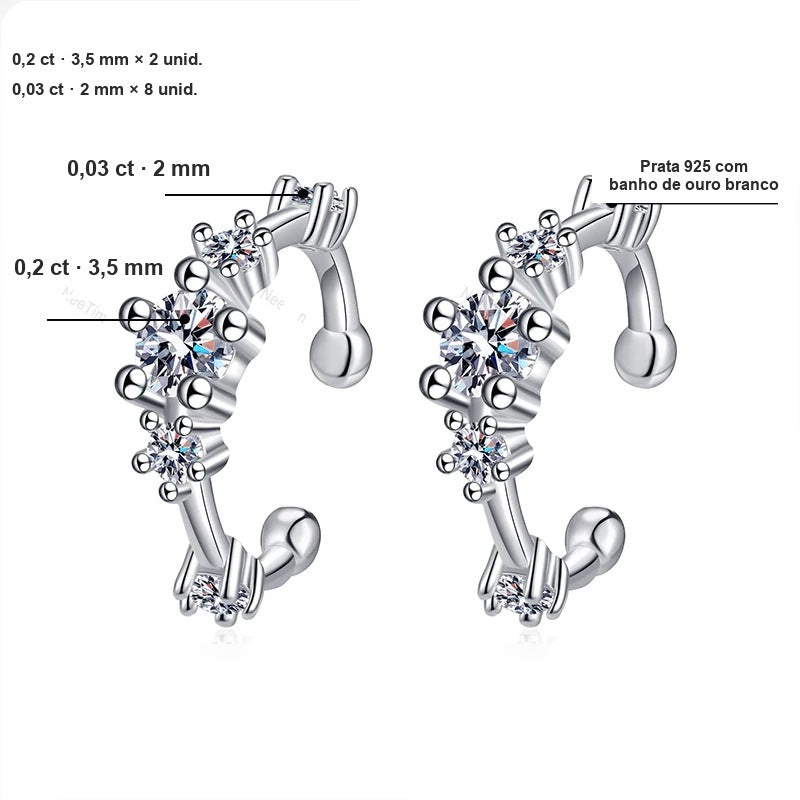 Medidas das pedras do ear cuff: moissanites de 3,5 mm e 2 mm em prata 925 com banho de ouro branco