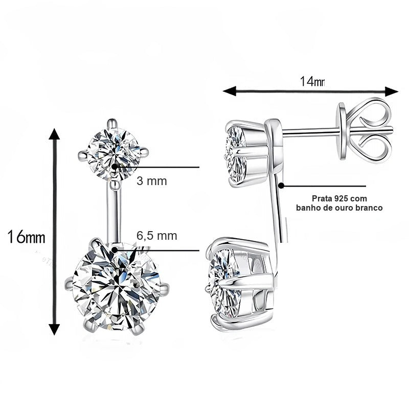 Medidas do brinco ear jacket: 16 mm de altura, moissanites de 3 mm e 6,5 mm em prata 925