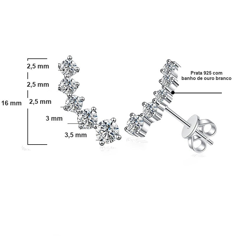 Medidas do brinco ear climber: 16 mm de altura e moissanites de 2,5 mm a 3,5 mm em prata 925