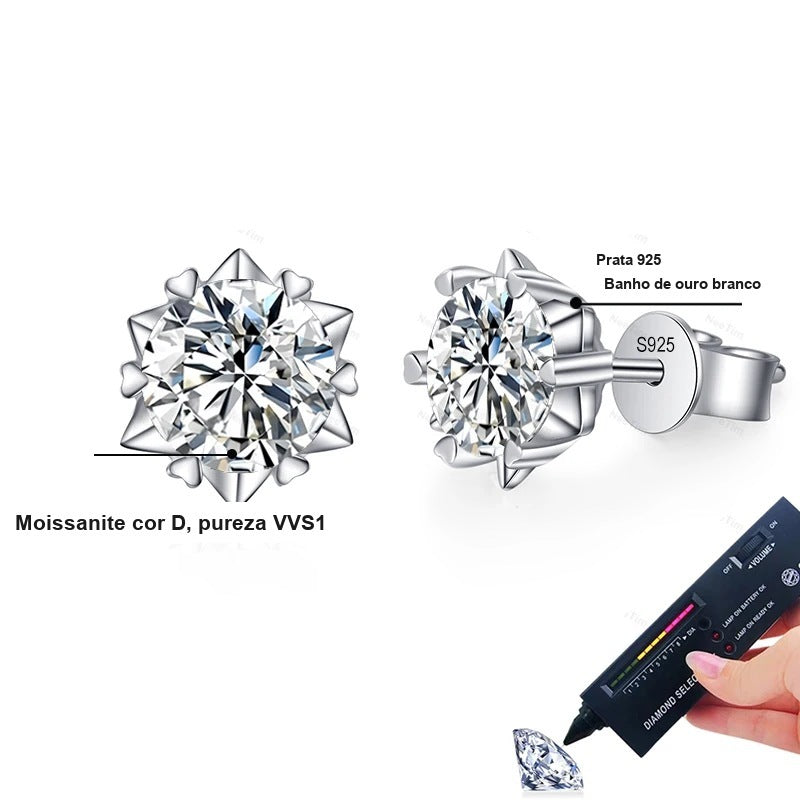 Detalhes do brinco floco de neve: moissanite cor D, pureza VVS1, prata 925 com banho de ouro branco