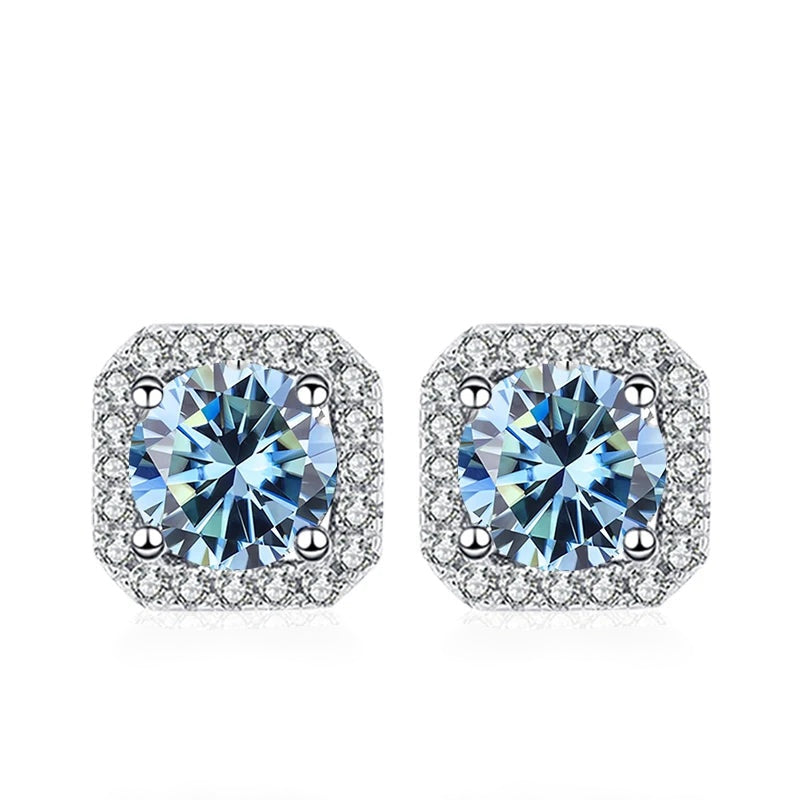 Brinco halo quadrado de moissanite azul
