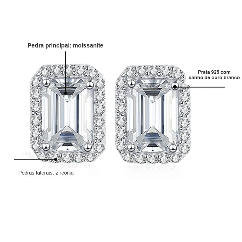 Detalhes do brinco lapidação esmeralda: moissanite central, halo de zircônias e prata 925 com banho de ouro branco