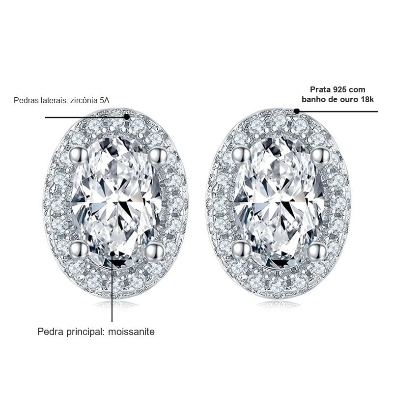 Detalhes do brinco oval com halo: moissanite oval, zircônias 5A e prata 925 com banho de ouro 18k