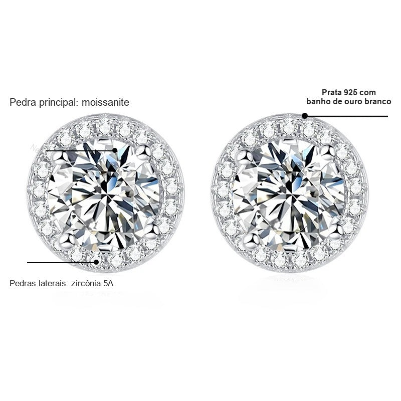 Detalhes do ponto de luz halo colorido: moissanite, zircônias 5A e prata 925 com banho de ouro branco
