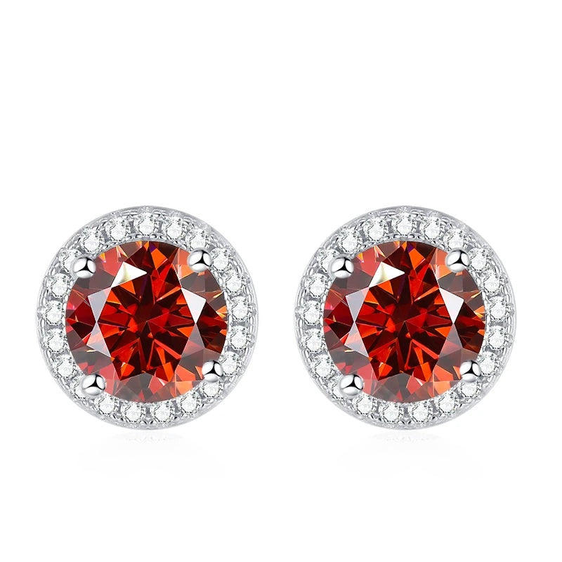 Brinco ponto de luz halo de moissanite vermelho-alaranjada