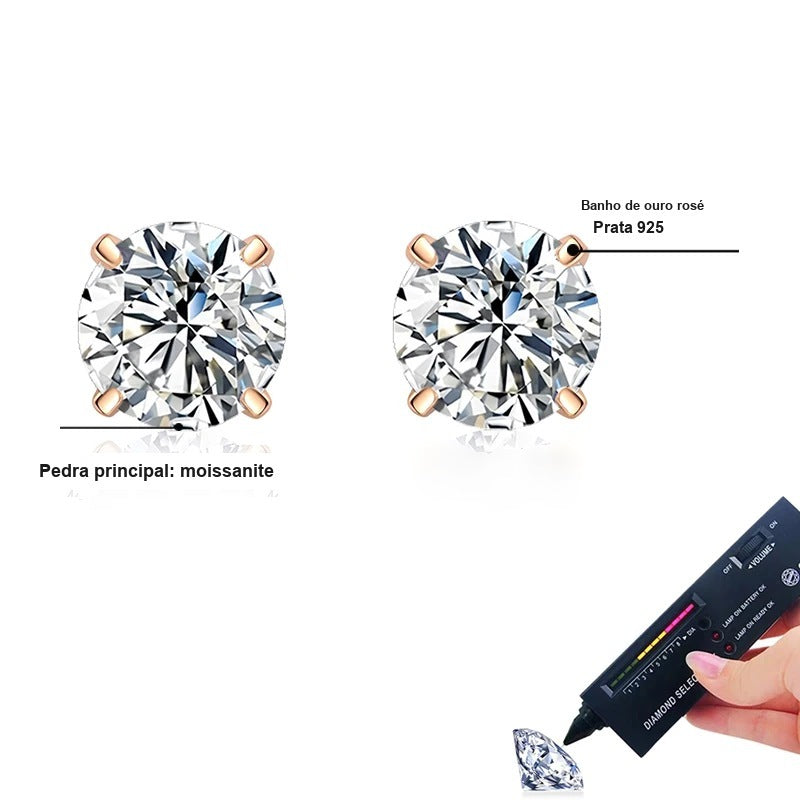 Detalhes do brinco ponto de luz de moissanite em prata 925 com banho de ouro rosé