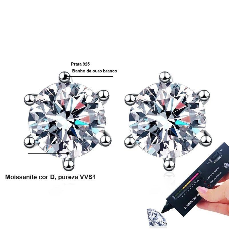 Detalhes do brinco ponto de luz seis garras: moissanite cor D, pureza VVS1, prata 925 com banho de ouro branco
