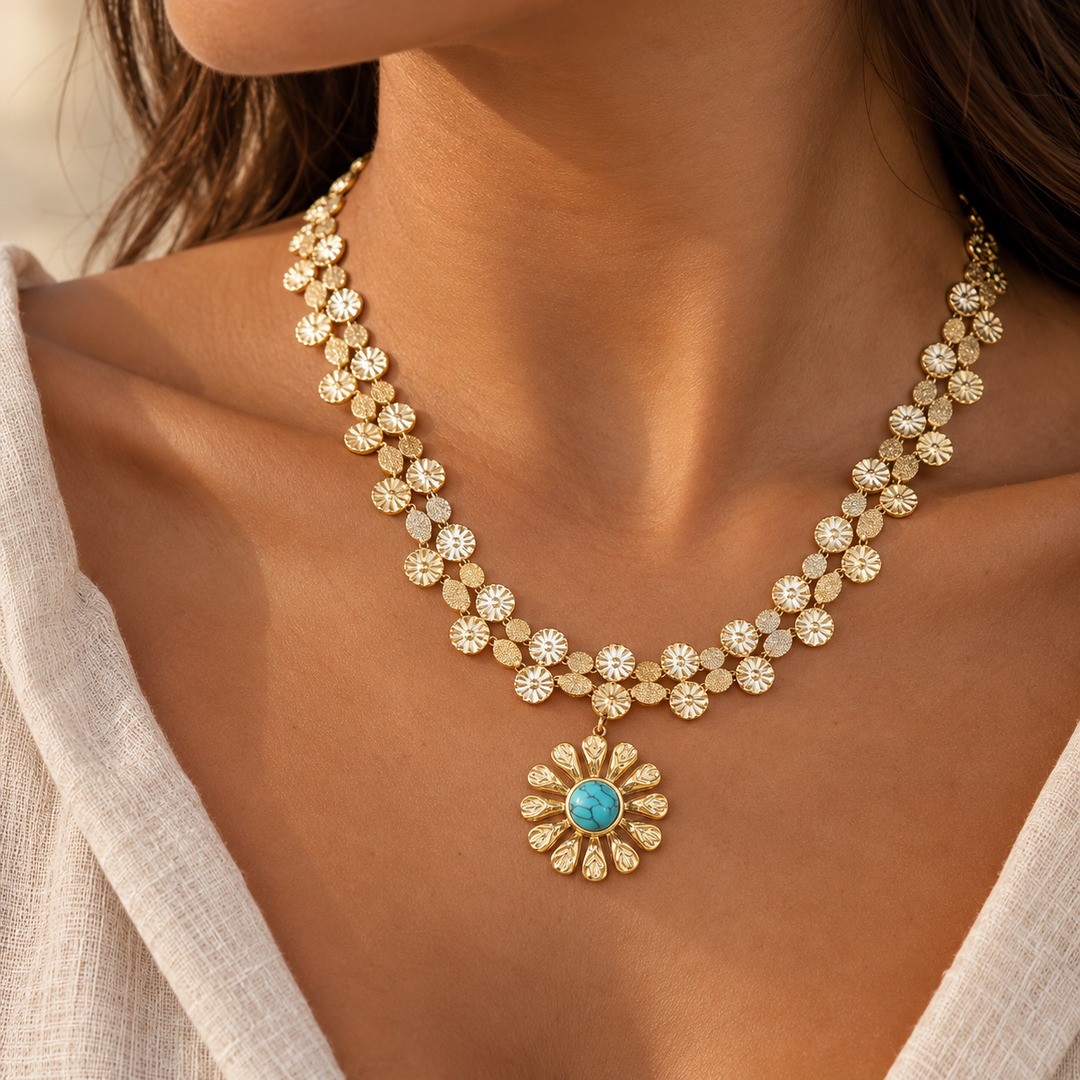 Colar Feminino Choker Flor Turquesa Solar – Aço Inoxidável