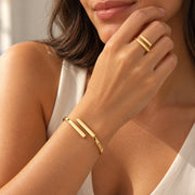 Kit Pulseira E Anel Feminino Geométrico Aberto Em Aço Inoxidável