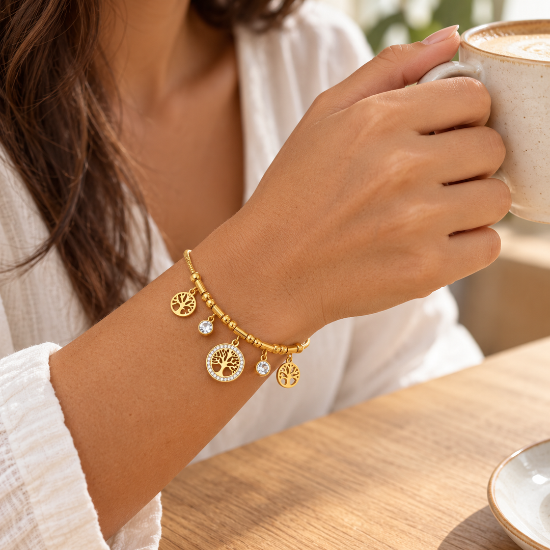 Pulseira Árvore da Vida Cristal – Aço Inoxidável com Pingentes Delicados