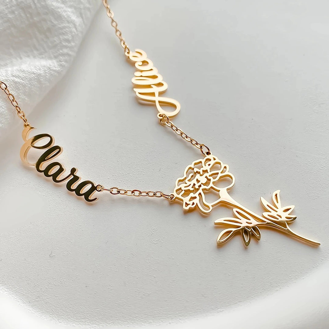 Colar com 2 nomes e flor do mês dourado Clara e Alice