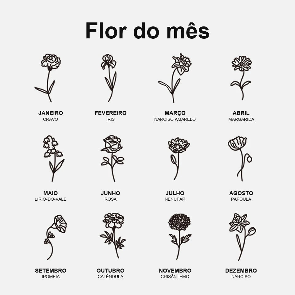 Flores do mês do colar com 2 nomes, opção 1: cravo, íris, narciso amarelo e outras