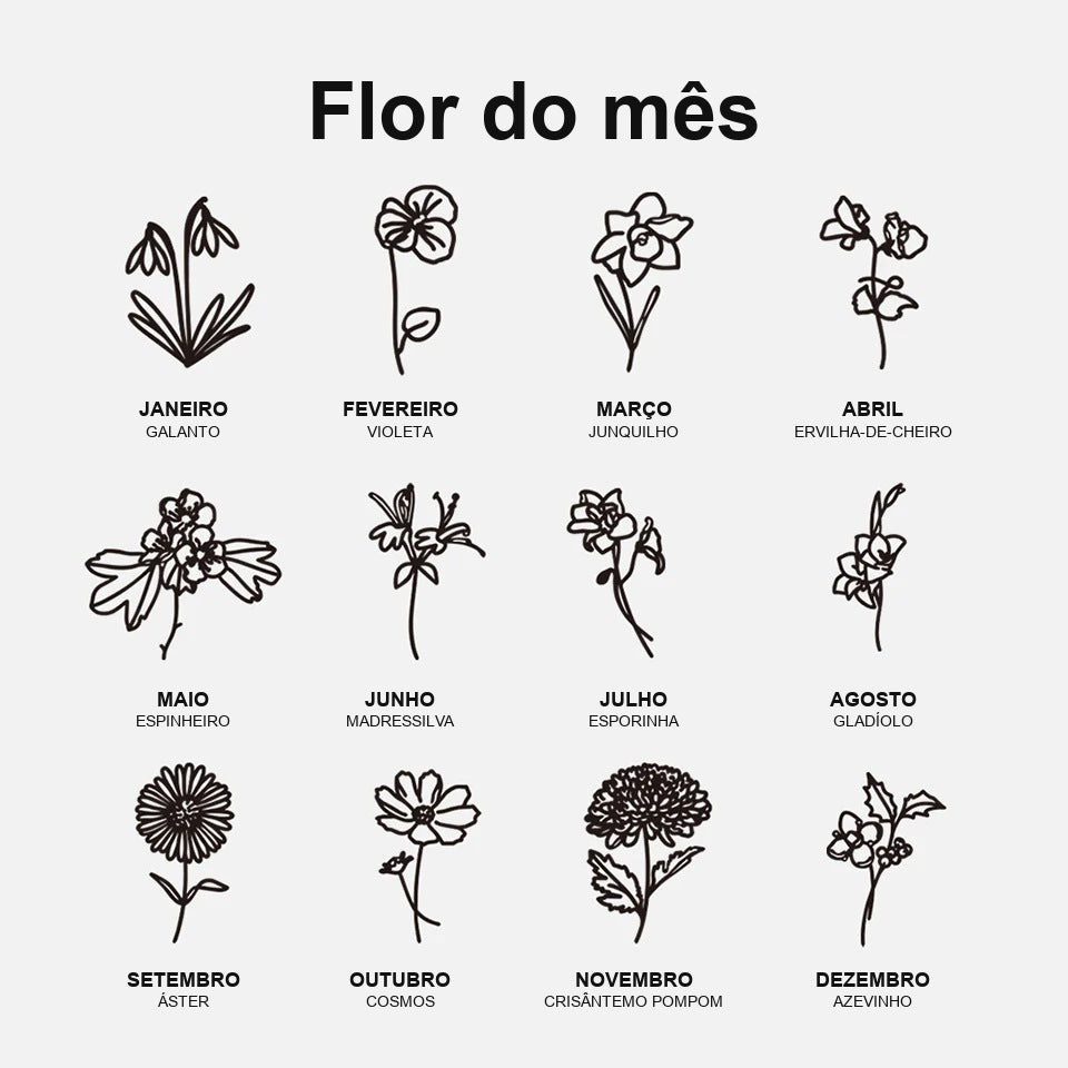Flores do mês do colar com 2 nomes, opção 2: galanto, violeta, junquilho e outras