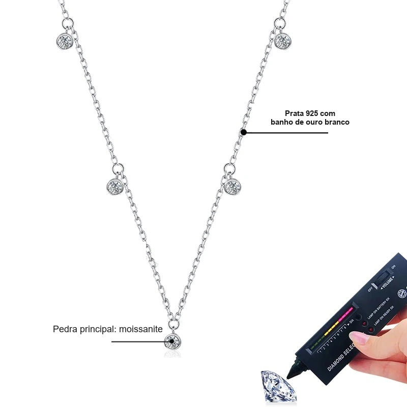 Colar 5 pontos de luz: pedra principal de moissanite e prata 925 com banho de ouro branco