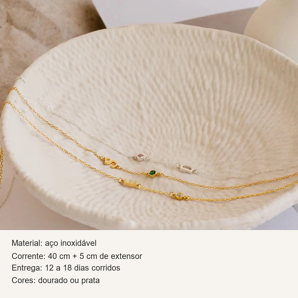 Ficha do colar assimétrico com inicial: aço inoxidável, corrente de 40 cm + 5 cm, dourado ou prata
