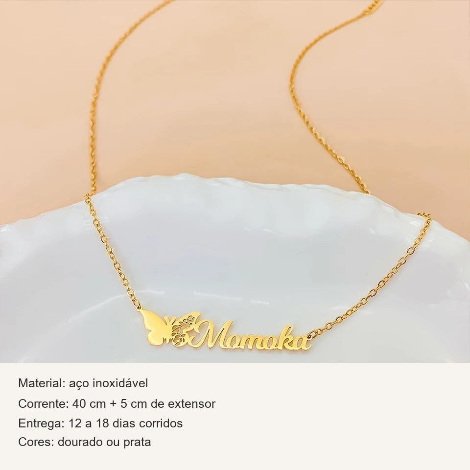 Ficha do colar com nome e borboleta do mês: aço inoxidável, corrente de 40 cm + 5 cm