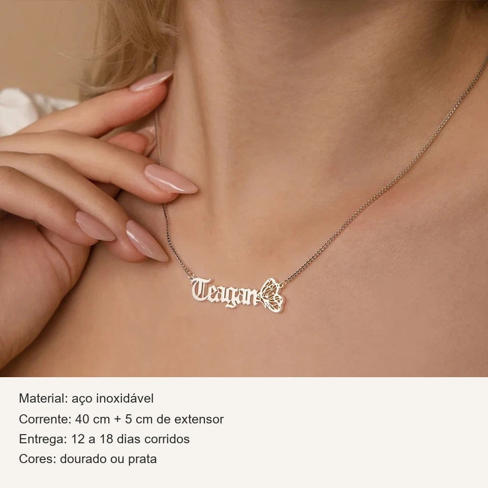 Ficha do colar com nome e borboleta: aço inoxidável, corrente de 40 cm + 5 cm, dourado ou prata