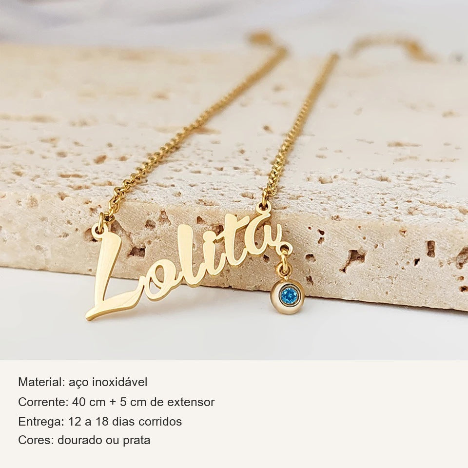 Ficha do colar com nome e pedra do mês: aço inoxidável, corrente de 40 cm + 5 cm, dourado ou prata