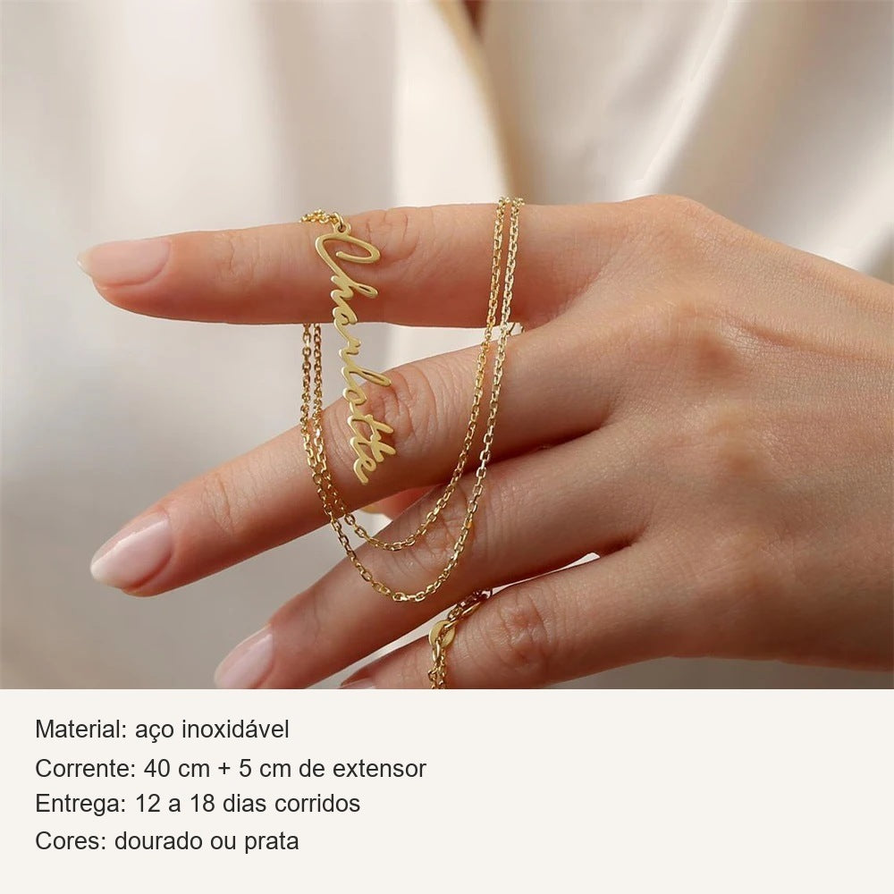 Ficha do colar com nome na vertical: aço inoxidável, corrente de 40 cm + 5 cm, dourado ou prata