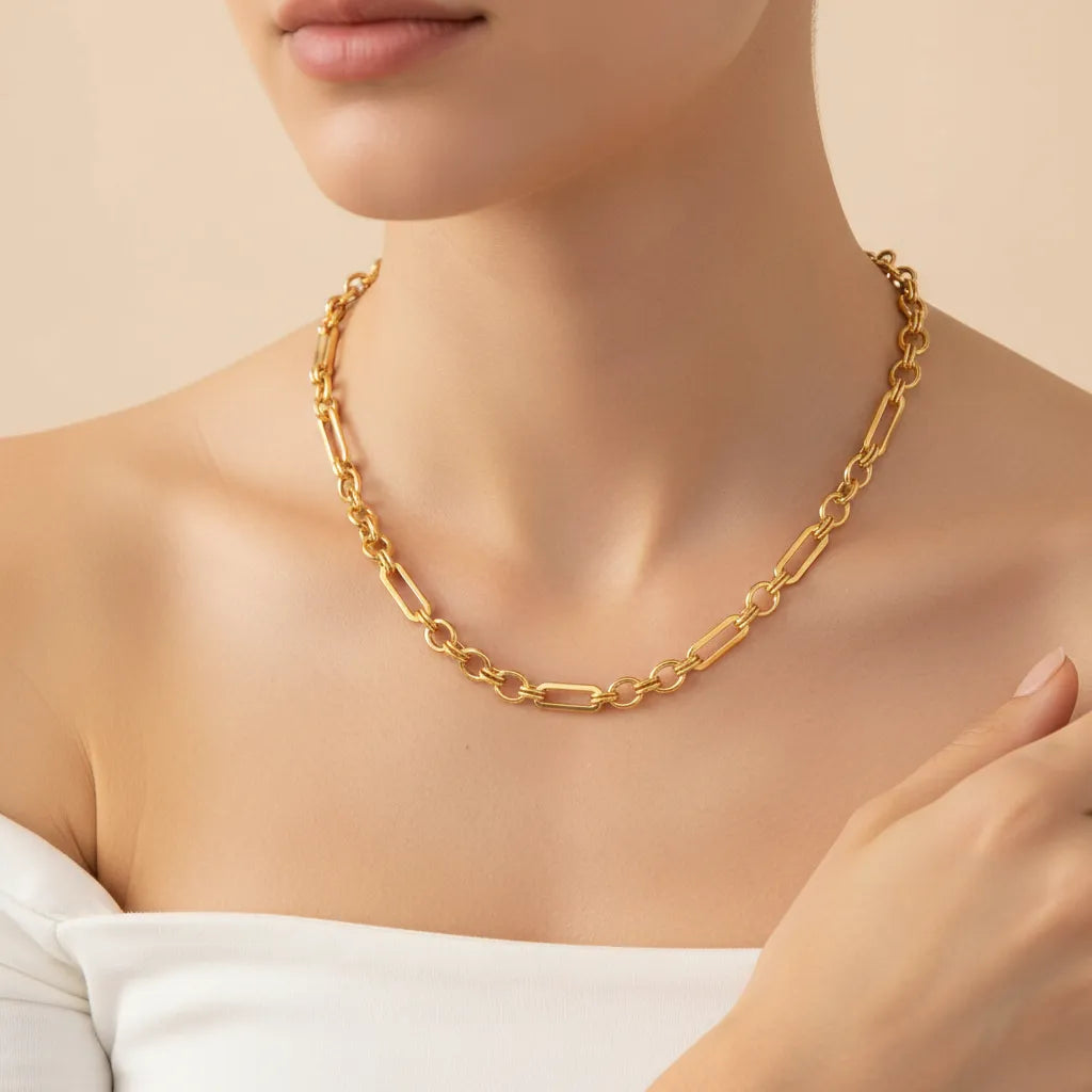 Colar Feminino Corrente Statement Banhado Ouro 18k Em Aço Inoxidável