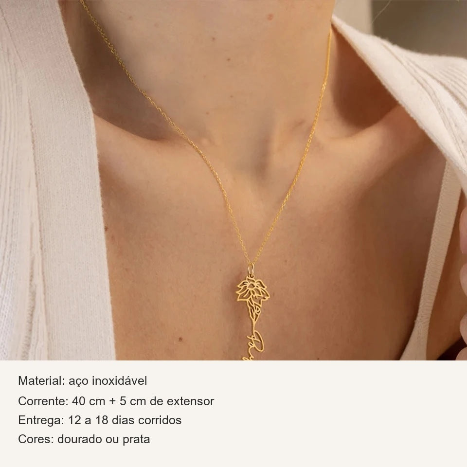 Ficha do colar flor do mês com nome: aço inoxidável, corrente de 40 cm + 5 cm, dourado ou prata