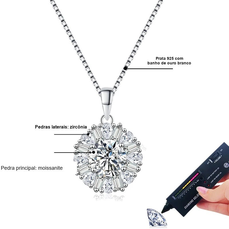 Colar halo baguete: moissanite central, zircônias laterais e prata 925 com banho de ouro branco