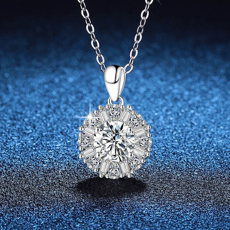 Colar halo baguete de moissanite em fundo azul