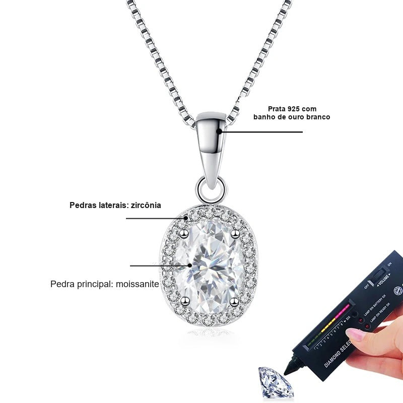 Colar halo oval: moissanite central, zircônias ao redor e prata 925 com banho de ouro branco