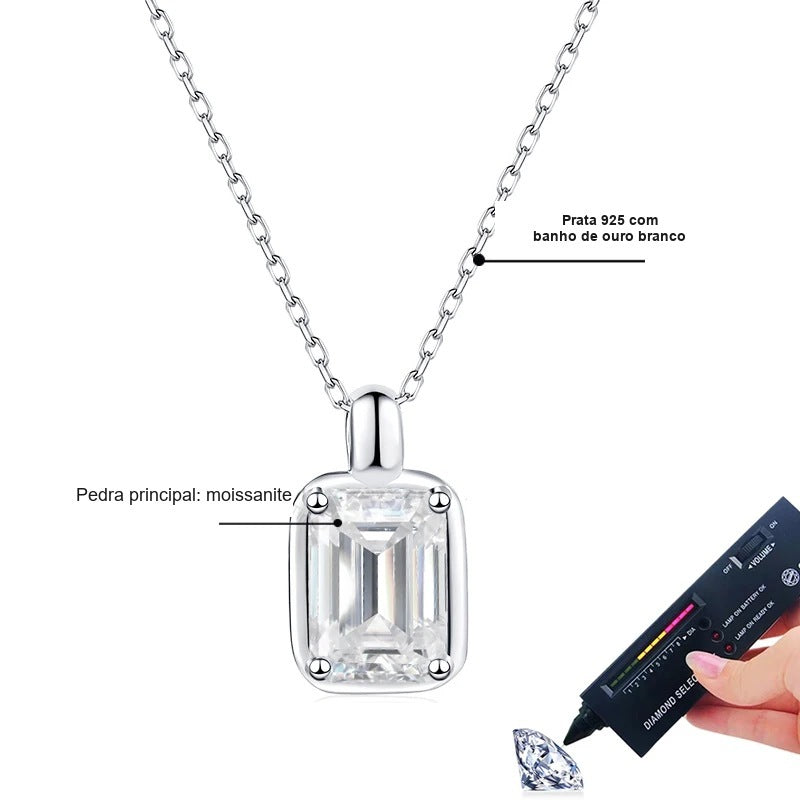 Colar de moissanite retangular: pedra principal de moissanite e prata 925 com banho de ouro branco
