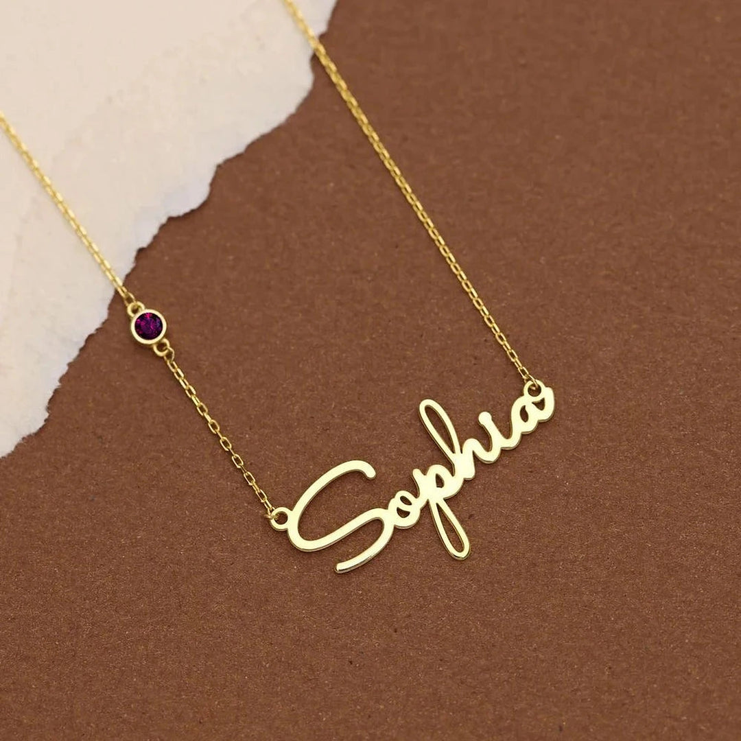 Colar com nome Sophia dourado e pedra do mês roxa na corrente