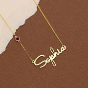 Colar com nome Sophia dourado e pedra do mês roxa na corrente