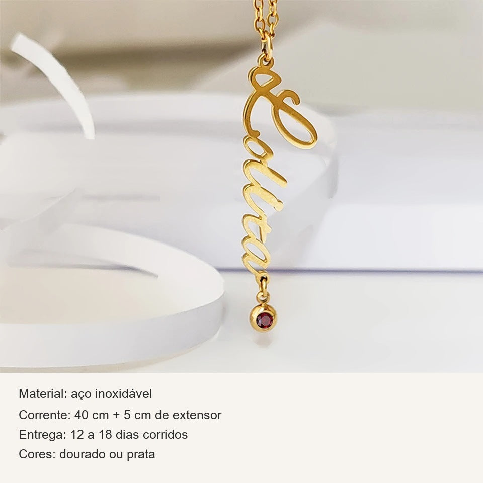 Ficha do colar com nome vertical e pedra: aço inoxidável, corrente de 40 cm + 5 cm
