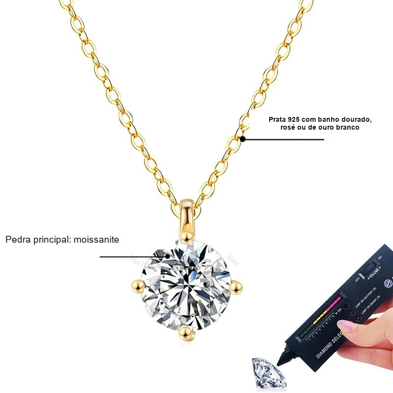 Colar ponto de luz 1 ct: moissanite e prata 925 com banho dourado, rosé ou de ouro branco