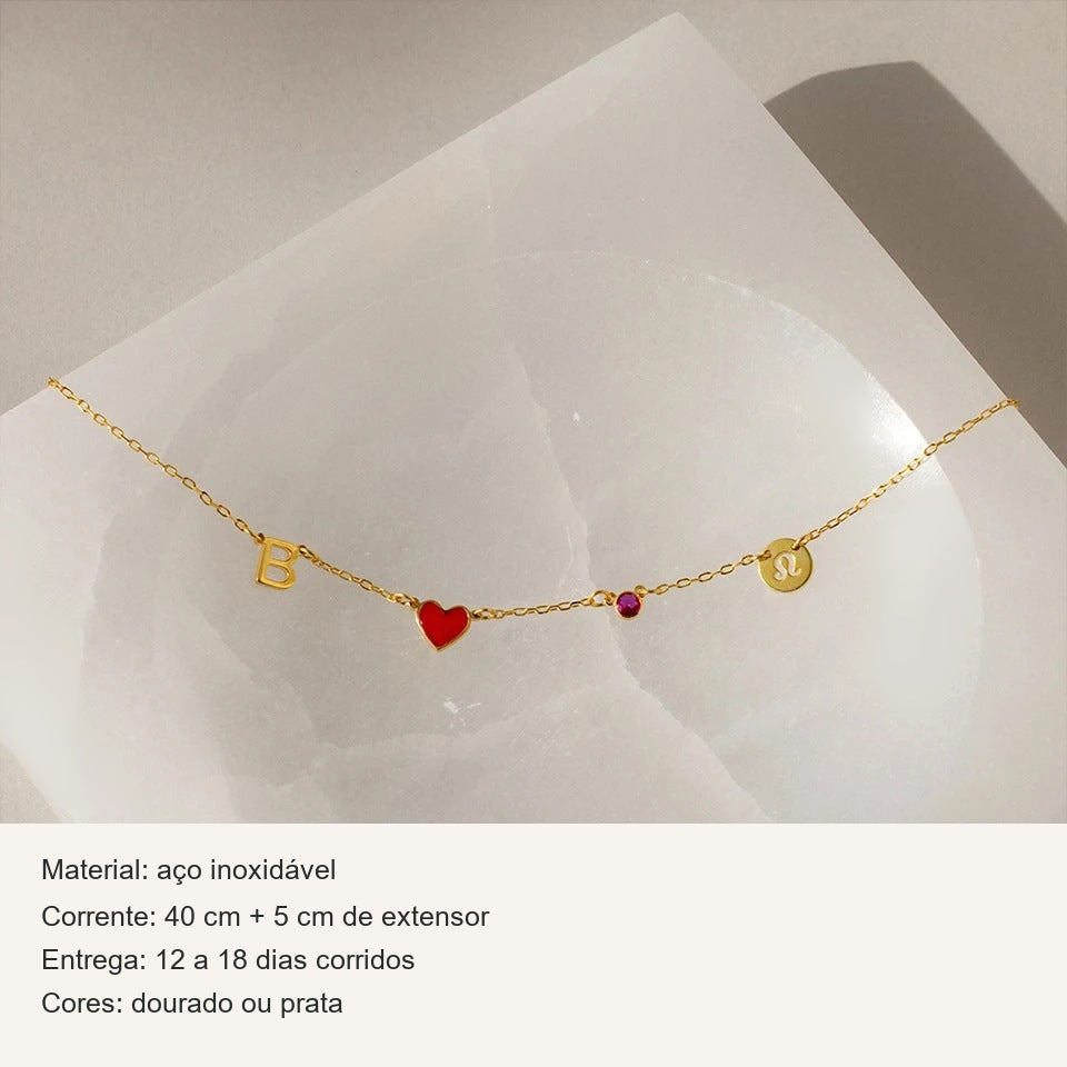 Ficha do colar signo com inicial e coração: aço inoxidável, corrente de 40 cm + 5 cm