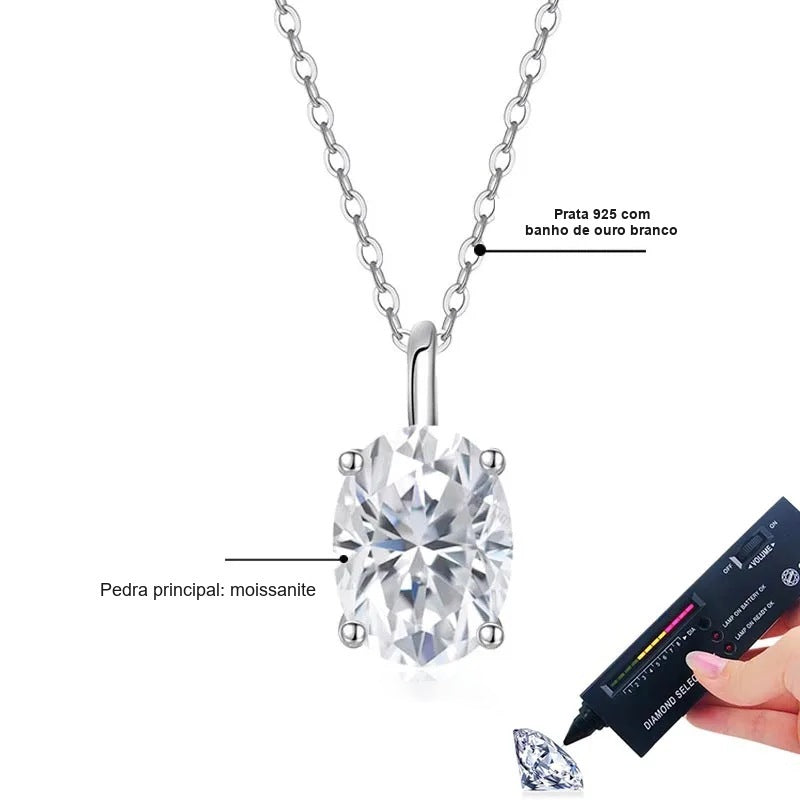 Colar solitário oval: pedra principal de moissanite e prata 925 com banho de ouro branco