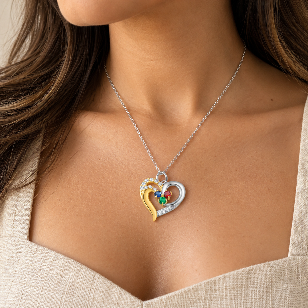 Colar Personalizado Coração com Birthstones e Nomes Gravados